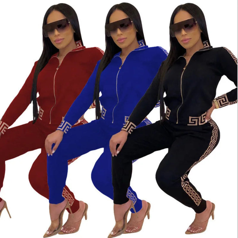 Women’s Zip-Up Tracksuit Set  outfits in red, blue, and black with decorative elements.
