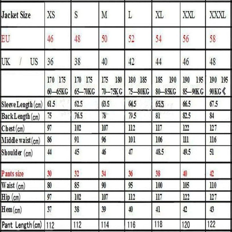 Measurement chart for jacket sizes with EU, UK, and US measurements.