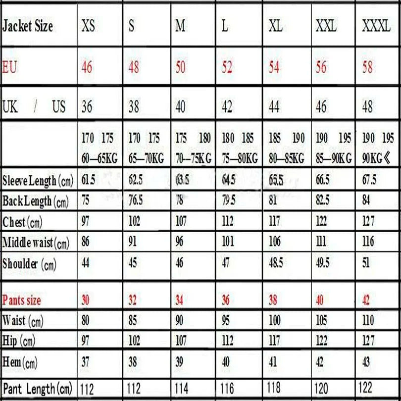 chart of the Men's slim fit 3-piece suit set houndstooth black white – jacket vest and pants
