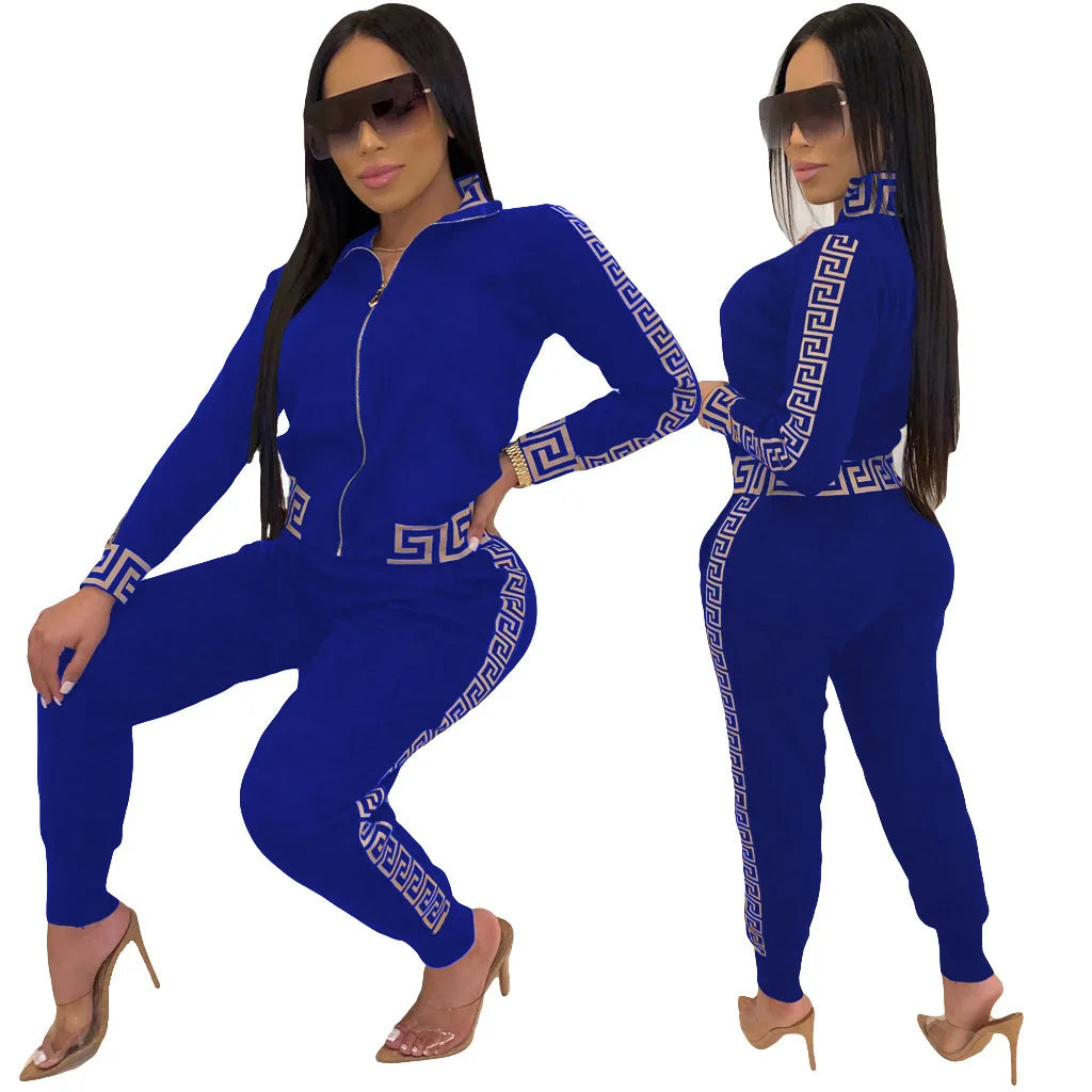 Women’s Zip-Up Tracksuit Set with white patterns on a white background