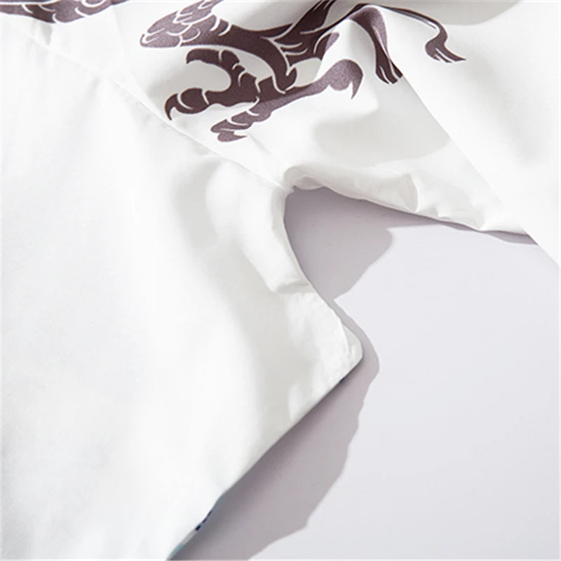 White fabric with a brown dragon design on a white background