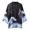 Wave Print Kimono Cardigan - Black - Beach Cover-Up"