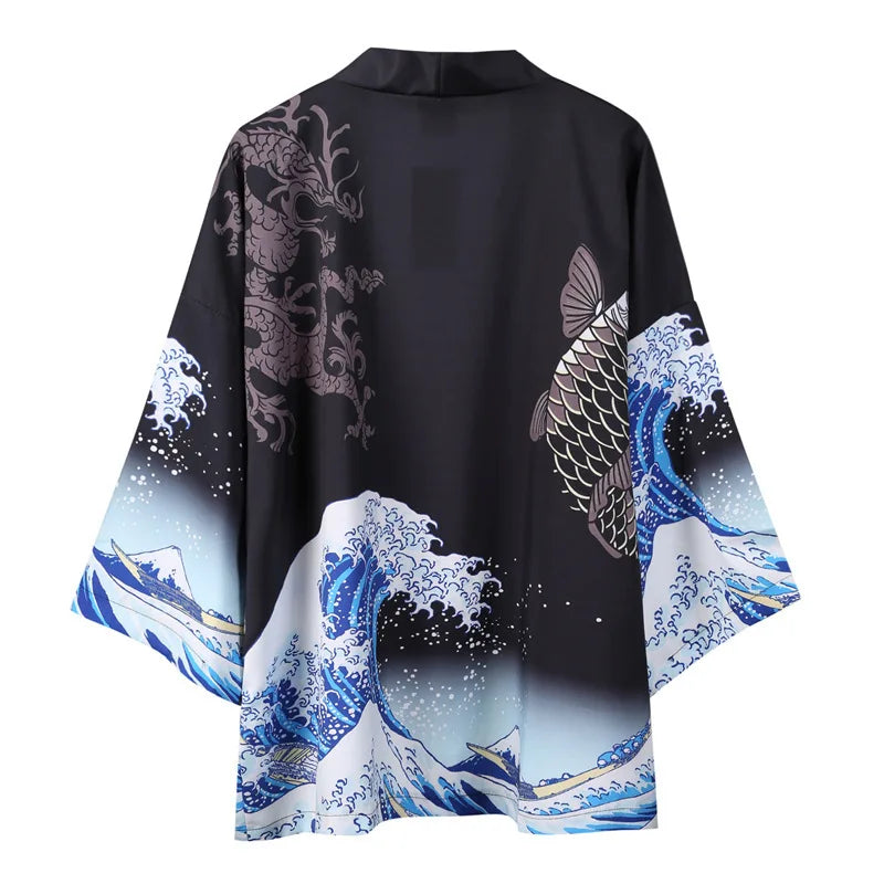 Wave Print Kimono Cardigan - Black - Beach Cover-Up"