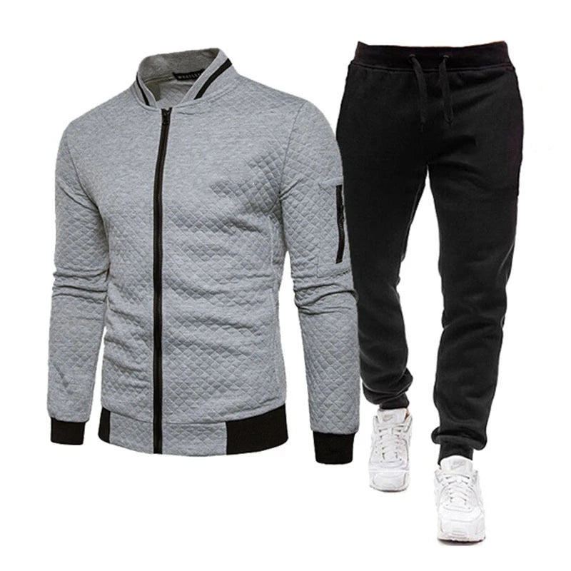 Gray quilted Men’s Hooded Cotton Tracksuit Set with white sneakers on a white background