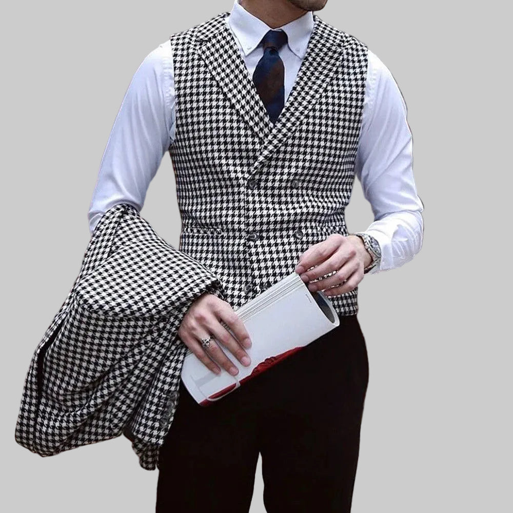 Men's slim fit 3-piece suit set houndstooth black white – jacket vest and pants