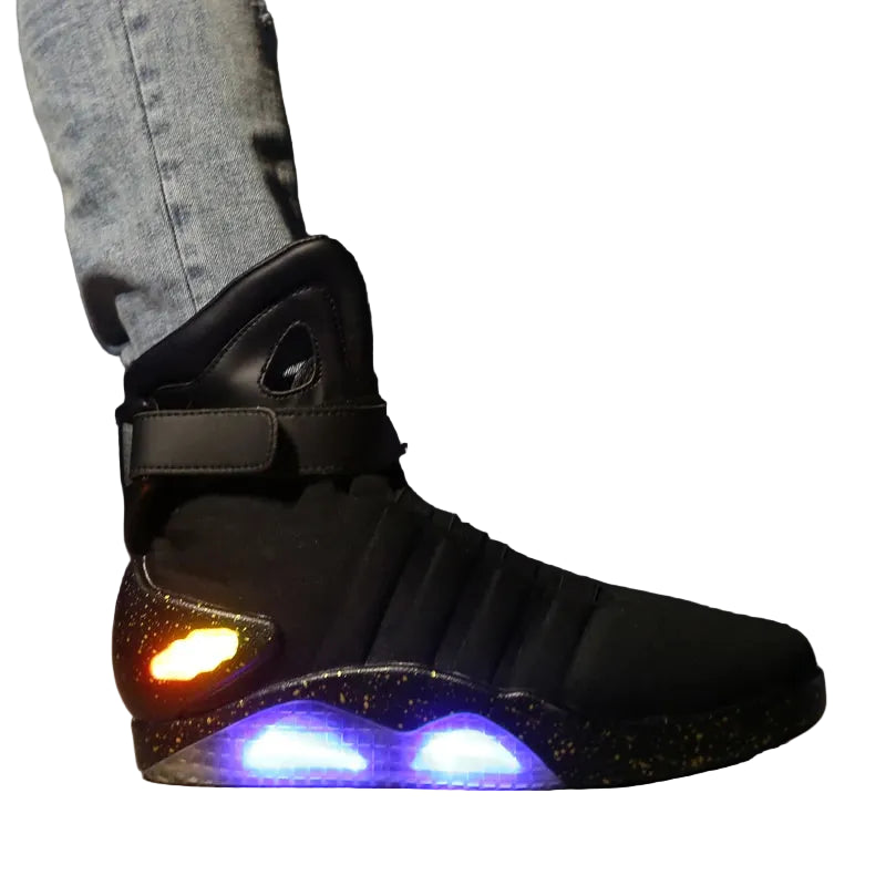 Black LED high-top sneakers for men with light-up sole – streetwear style