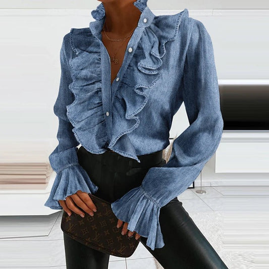 Ruffled Long Sleeve Button Shirt Blouse - Casualflowshop