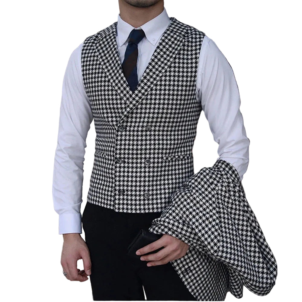 Men's slim fit 3-piece suit set houndstooth black white – jacket vest and pants
