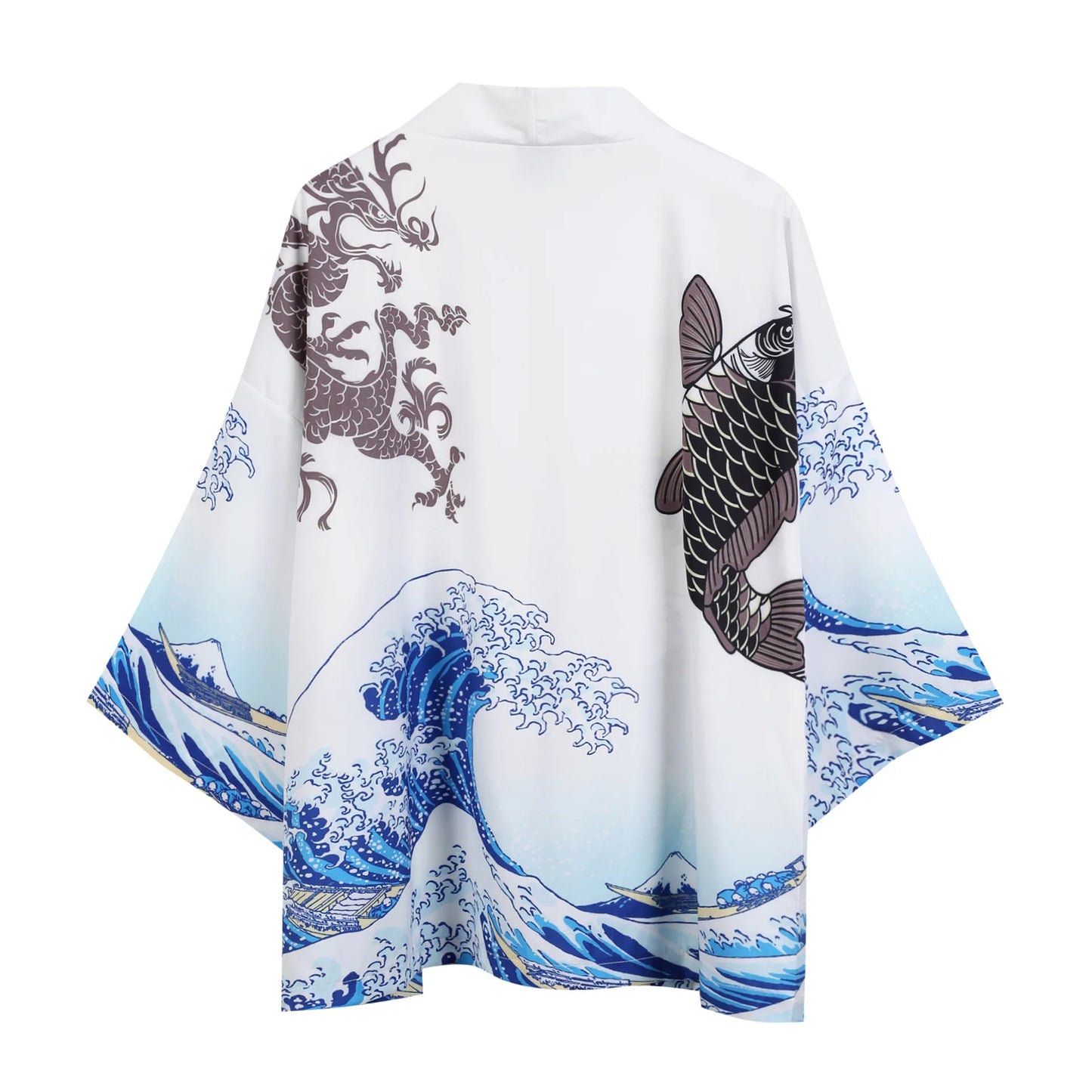 Wave Print Kimono Cardigan - Black - Beach Cover-Up"