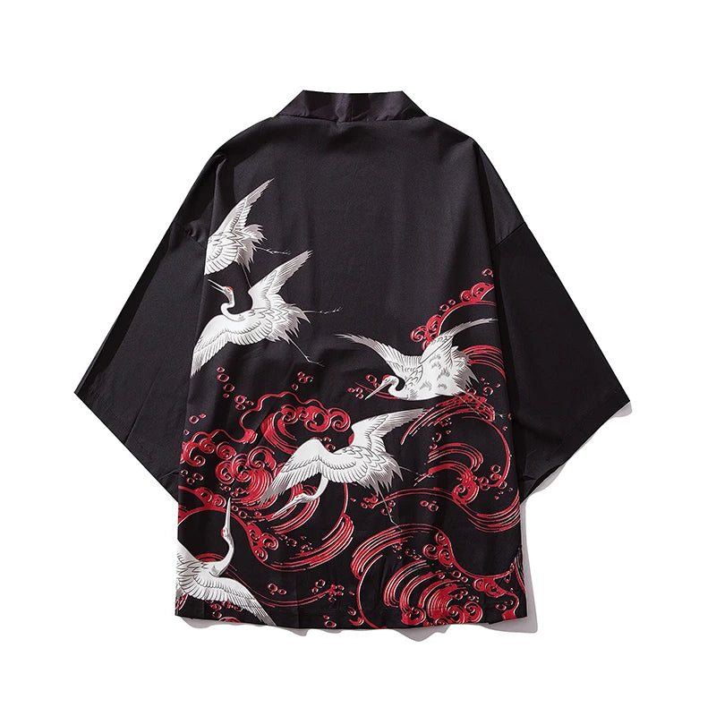 Wave Print Kimono Cardigan - Black - Beach Cover-Up"