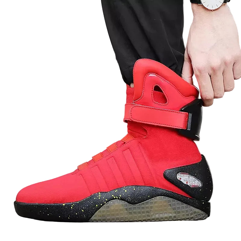 Red LED high-top sneakers for men with USB rechargeable glowing sole – side view
