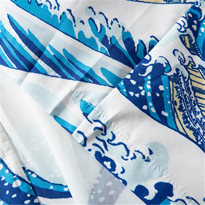 Close-up of a blue and white patterned fabric