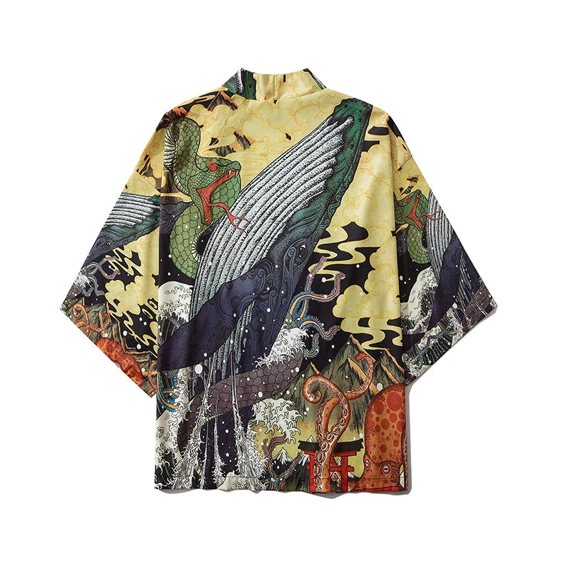 Colorful kimono-style garment with intricate patterns on a white background