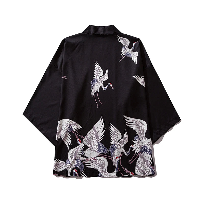 Wave Print Kimono Cardigan - Black - Beach Cover-Up"