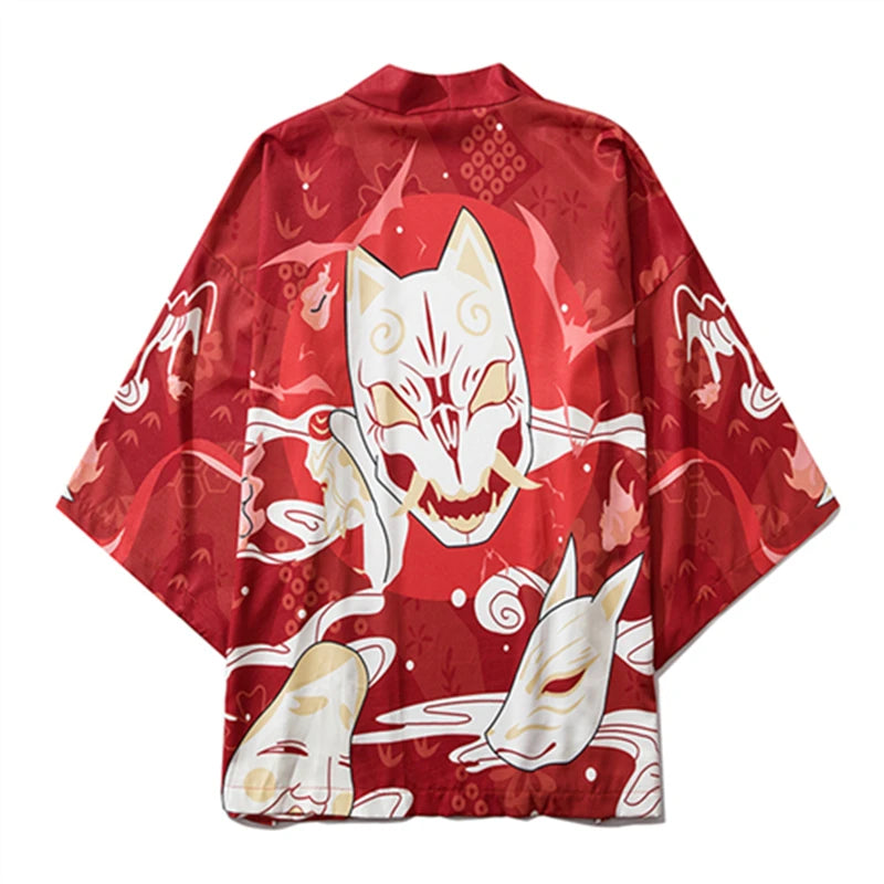 Red kimono with white fox mask design on a white background