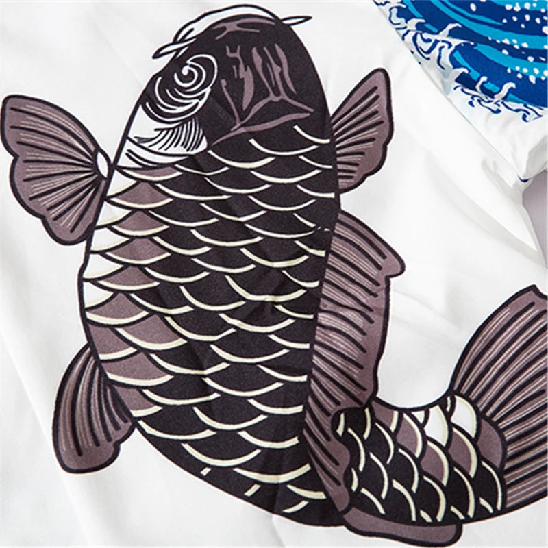 Decorative towel with a large black and white fish design on a white background