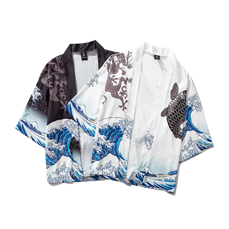 Traditional Japanese kimono with wave and fish design on a white background