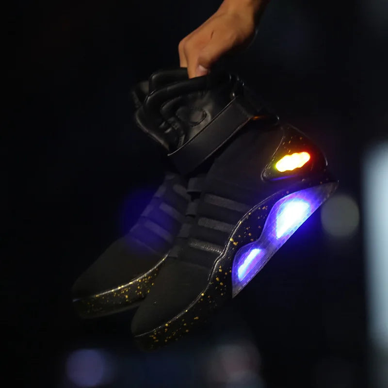 Black LED high-top sneakers for men with light-up sole – streetwear style