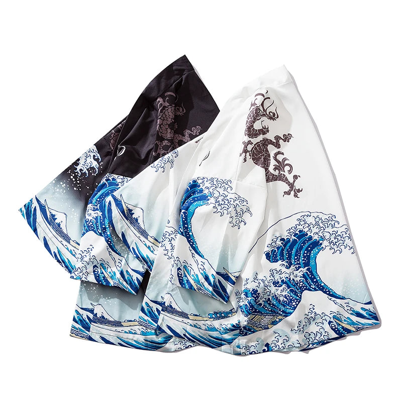 Silk scarf with wave design and deer illustration on a white background