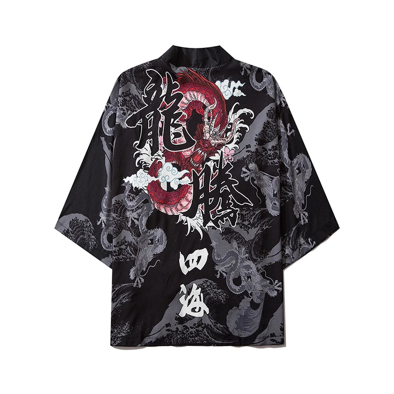 Black kimono-style garment with red dragon design and white text on a white background