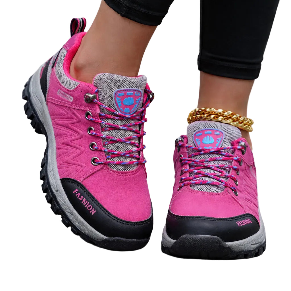 PathMaster women’s non-slip hiking shoes in rosy red, lightweight outdoor walking sneakers