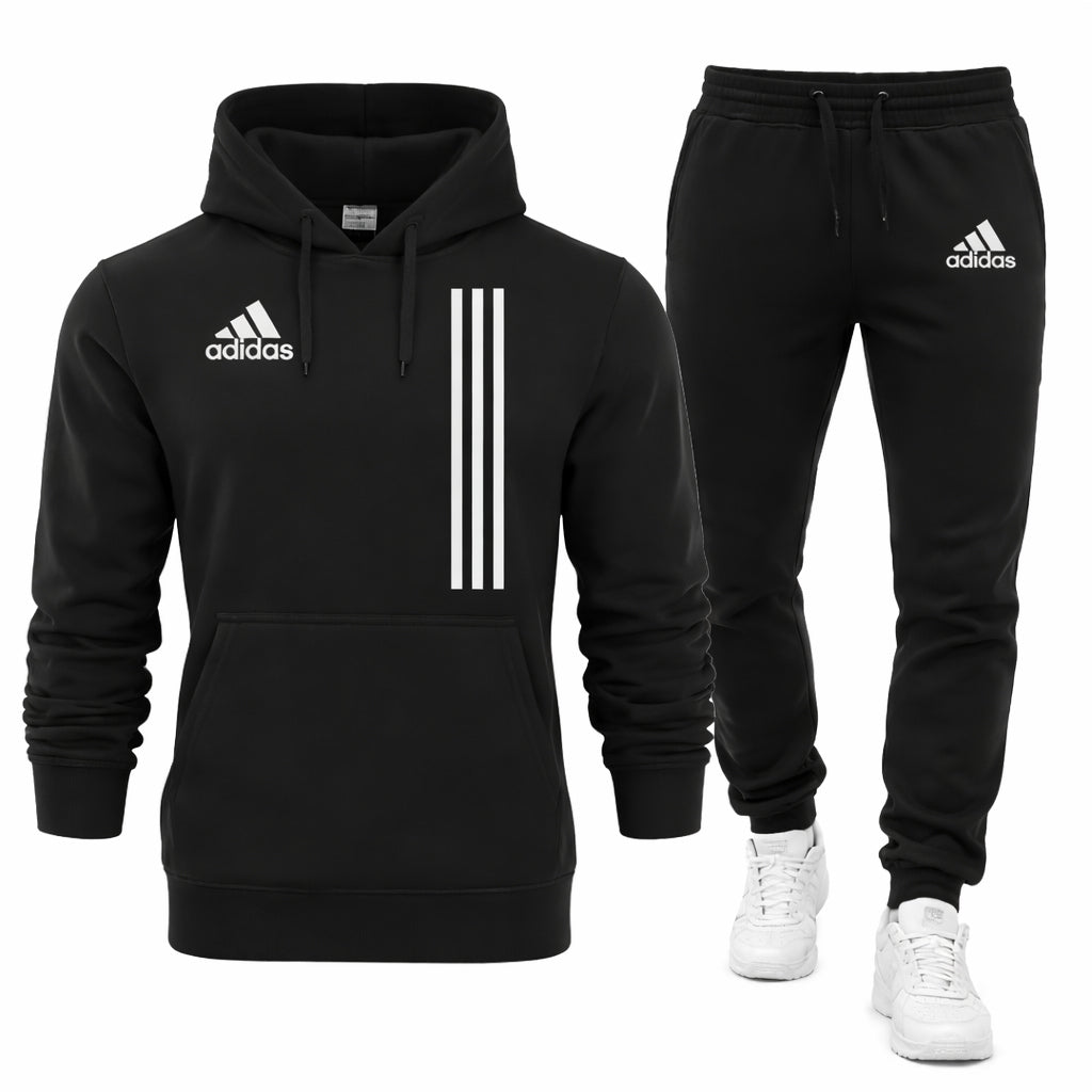 Black Adidas hoodie and pants set with white stripes on a white background