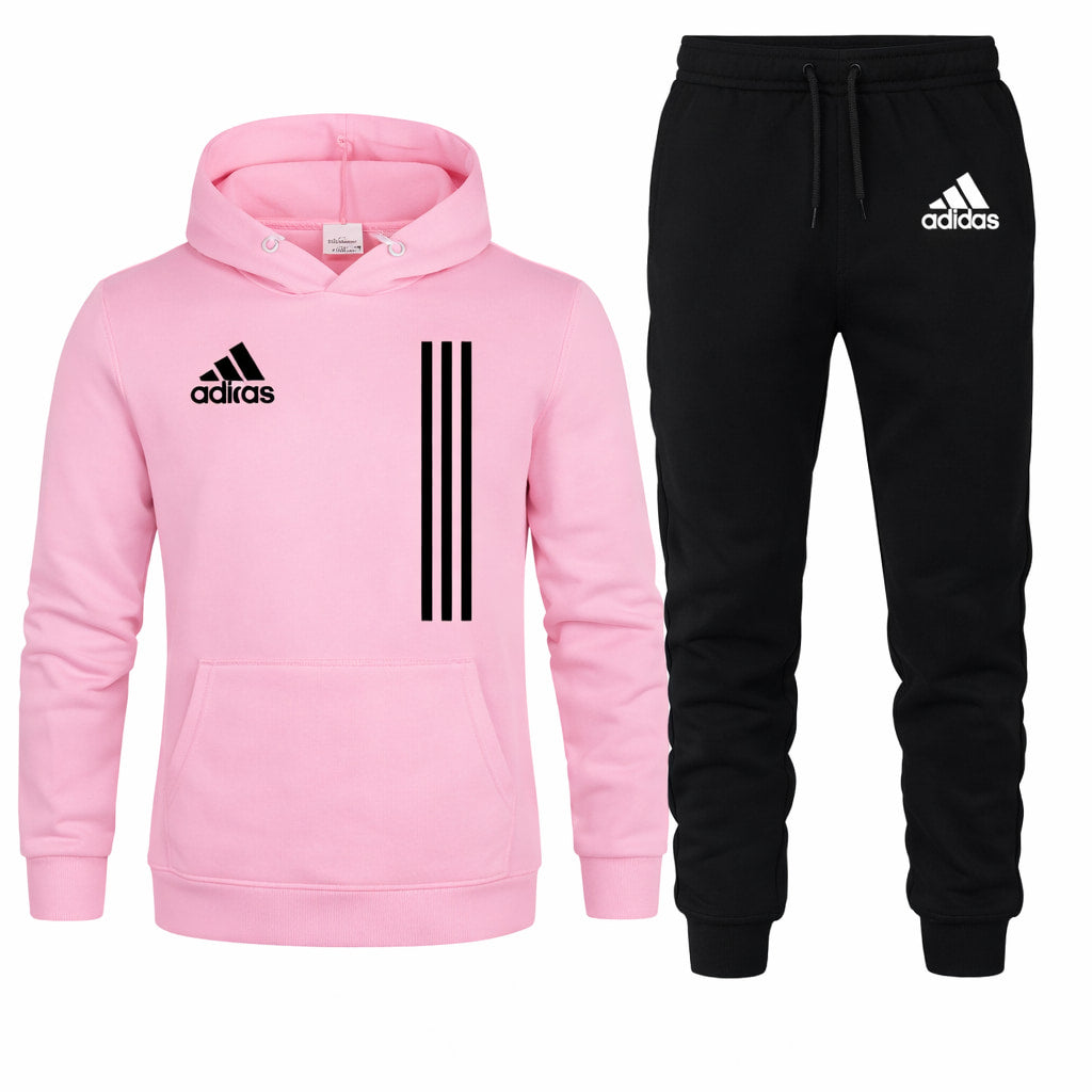 Pink hoodie and black tracksuit with Adidas logo on a white background