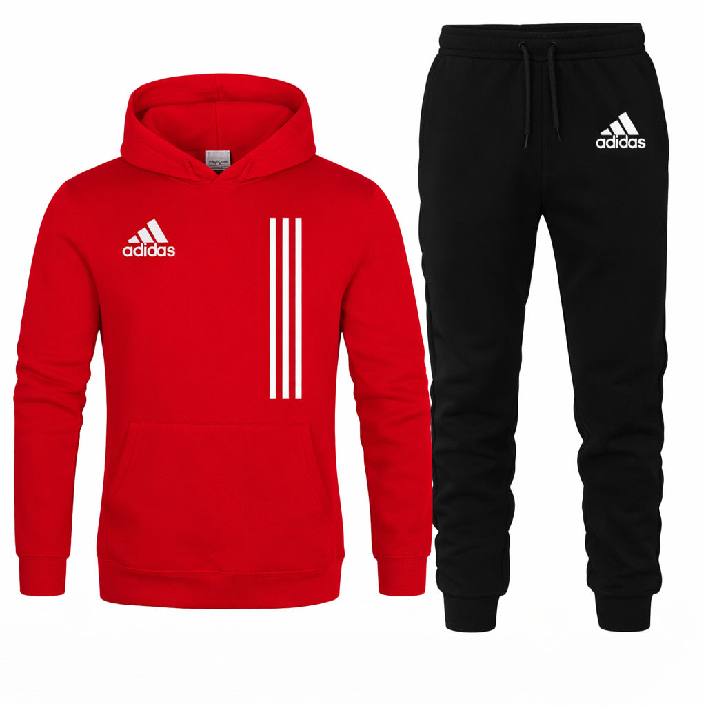 Red hoodie and black tracksuit with Adidas logo on a white background