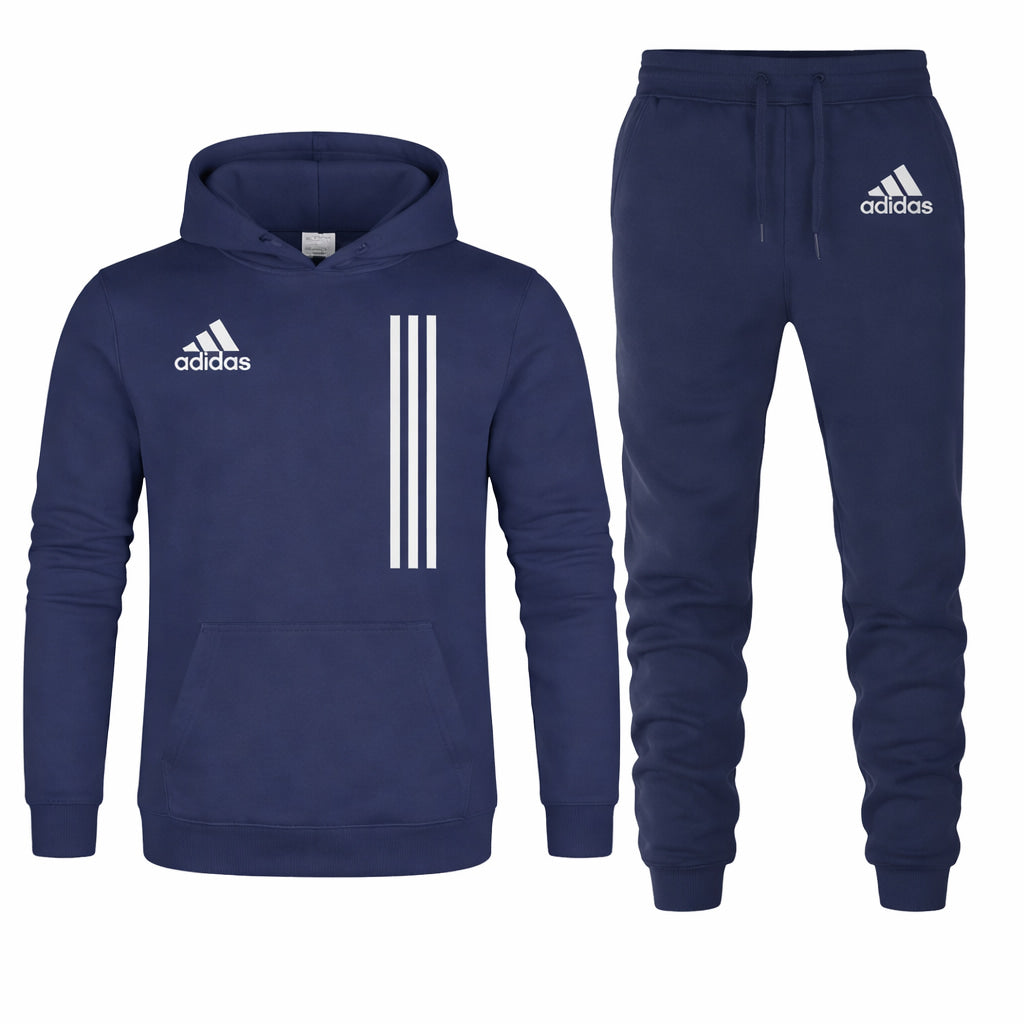 Navy blue Adidas hoodie and jogger pants set on a white background