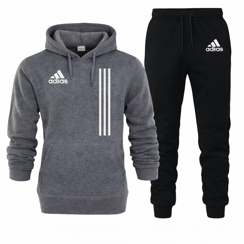 Gray hoodie and black pants with Adidas logo on a white background