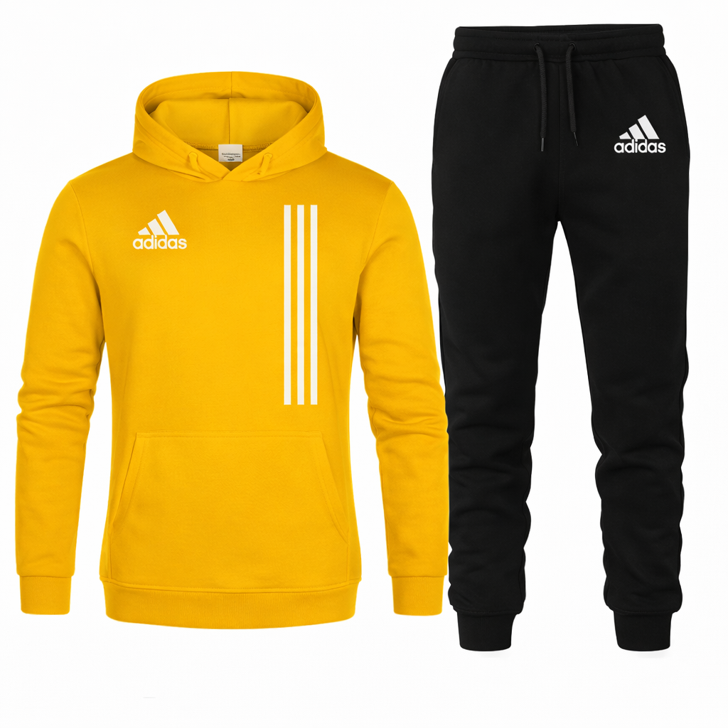 Yellow hoodie and black pants with Adidas logo on a white background