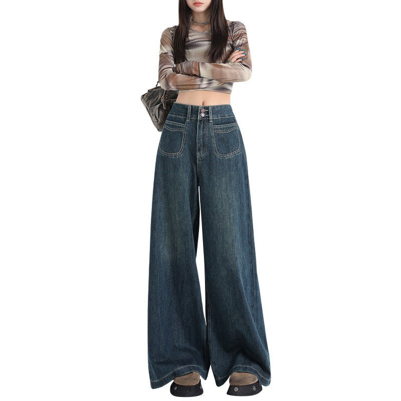 wide leg jeans outfit women high waist blue denim street style