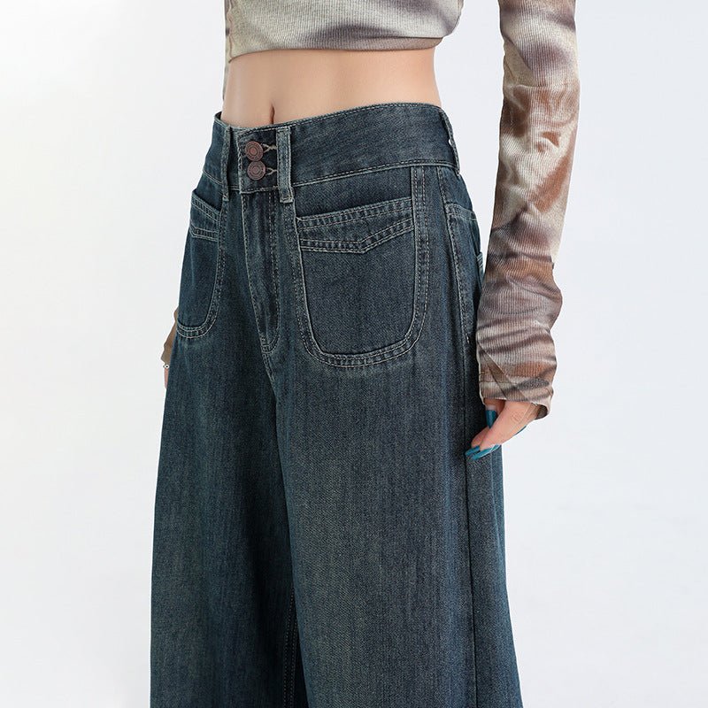 high waisted wide leg jeans women side view blue denim
