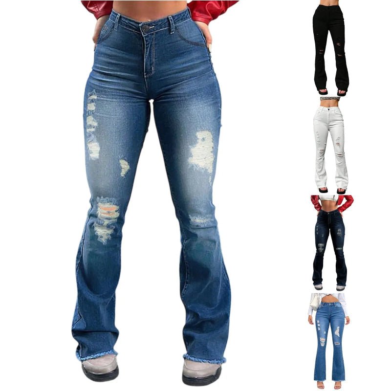 Women’s Stretchy Flare Jeans – High Waist Ripped Casual Denim Pants - CasualFlowshop