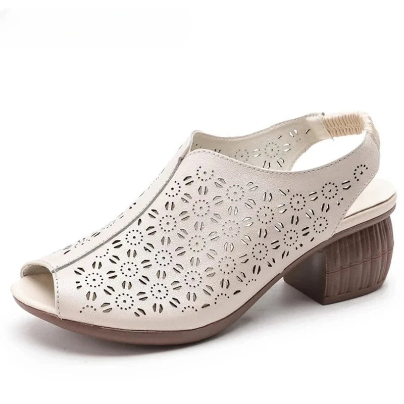 Women's beige leather mid heel fish mouth sandals - elegant summer sandals