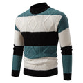 Men's teal, white and black patchwork cable knit mock neck sweater