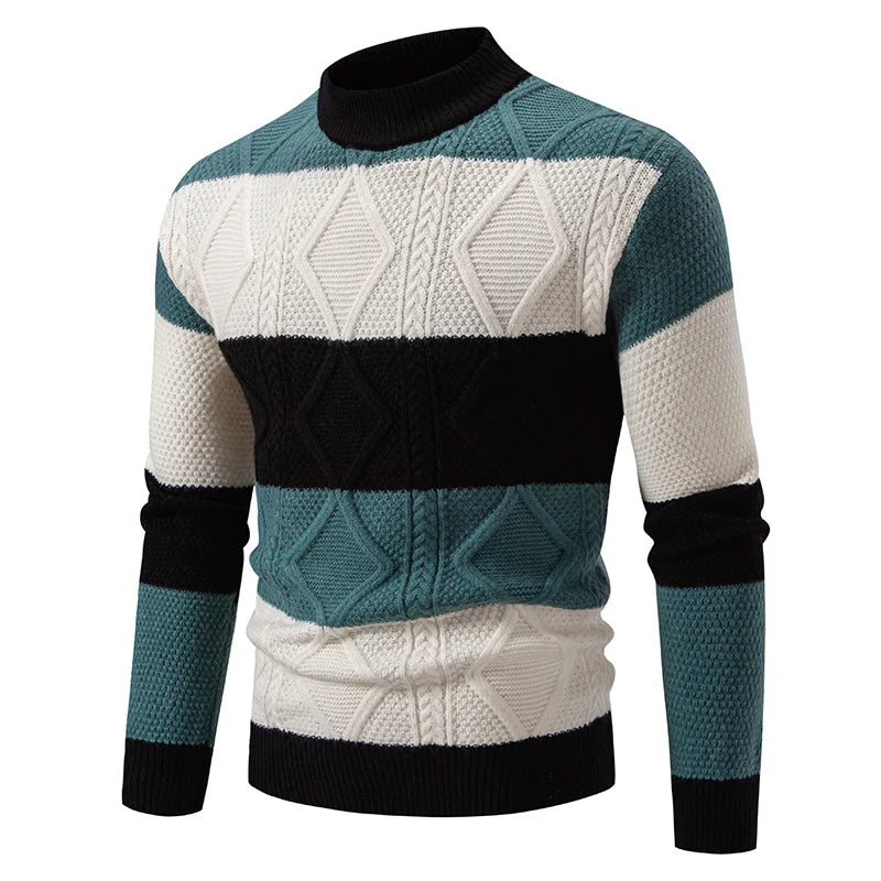 Men's teal, white and black patchwork cable knit mock neck sweater