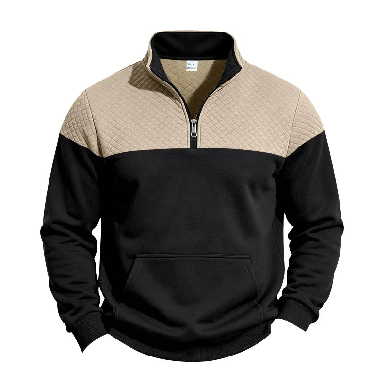 Men’s colorblock quilted-texture half-zip sweatshirt with stand collar and kangaroo pocket