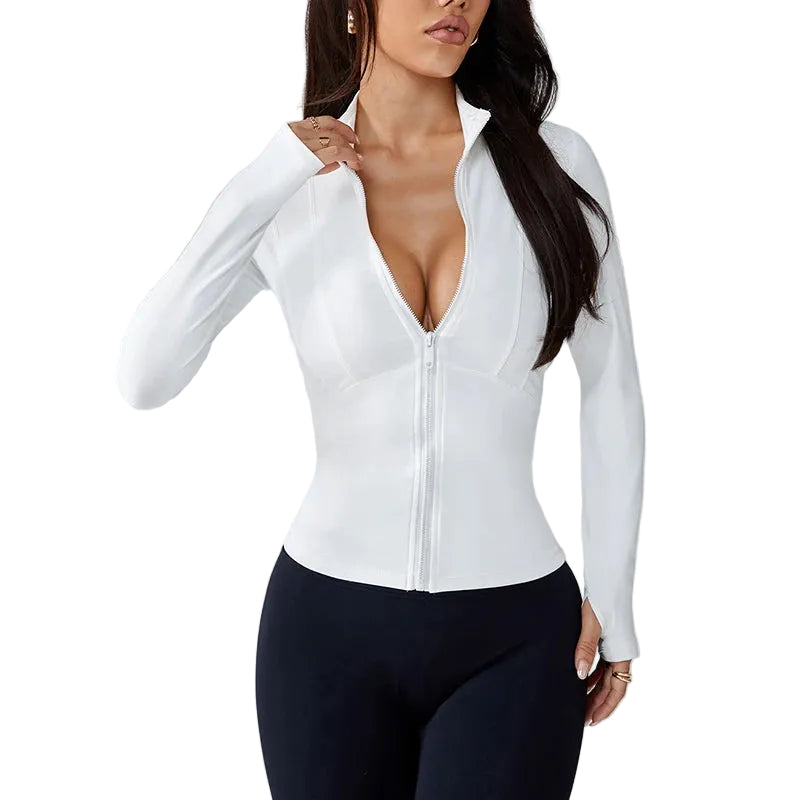 Women's quick-dry sports jacket in white – breathable fitness top for gym yoga and outdoor wear
