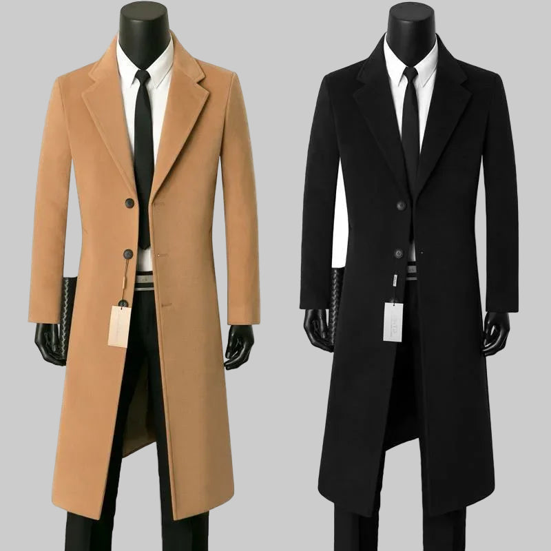 Two long coats, one beige and one black, on mannequins against a white background.