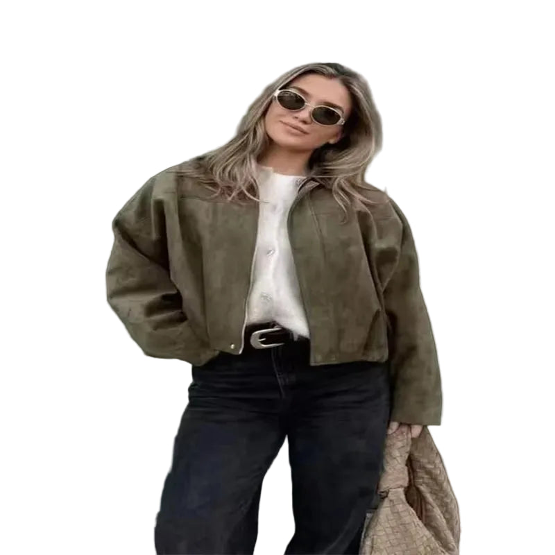 Women’s Oversized Suede Bomber – Trendy Green Jacket for Autumn & Winter - CasualFlowshop