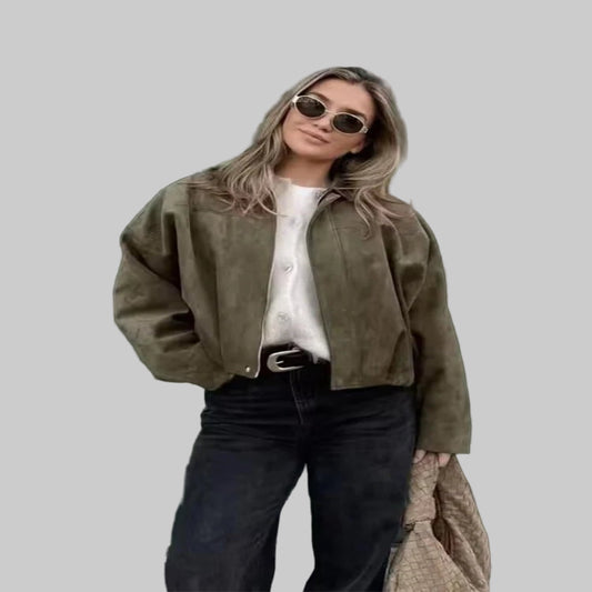 Women’s Oversized Suede Bomber – Trendy Green Jacket for Autumn & Winter - CasualFlowshop