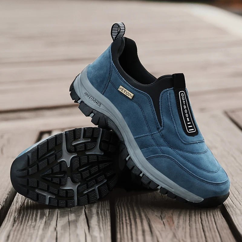 Men's Outdoor Winter Slip-On Sneakers available in blue, black, and khaki colors. Sizes range from 7 to 12. - casualflowshop