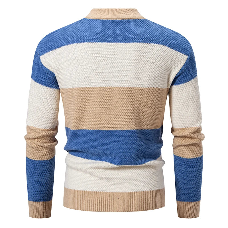 Men's blue, beige and white patchwork cable knit mock neck sweater