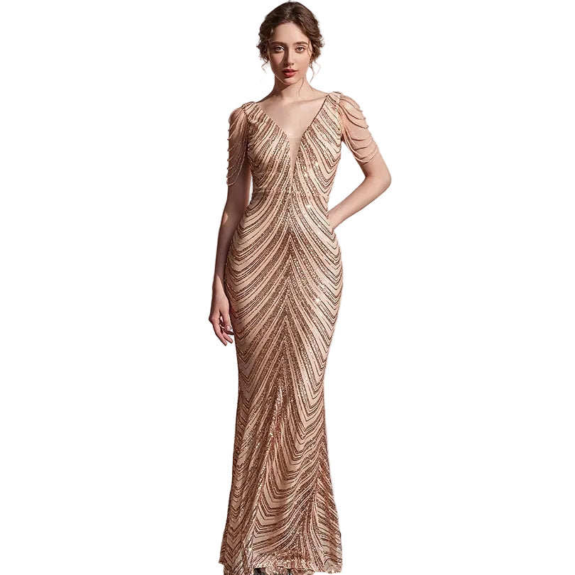 Women's colorful white sequin mermaid evening dress with V-neckline – formal party and wedding guest gown