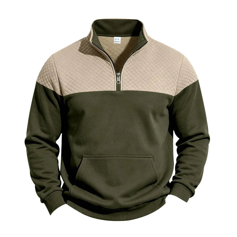 Men’s colorblock quilted-texture half-zip sweatshirt with stand collar and kangaroo pocket