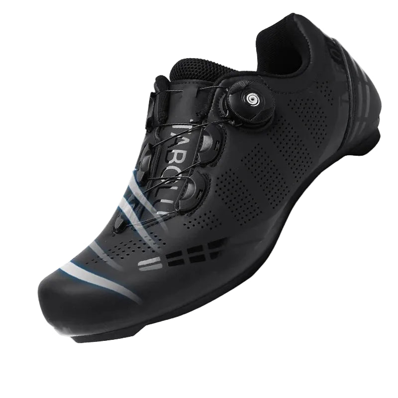 Black cycling shoe with text highlighting features on a light gray background