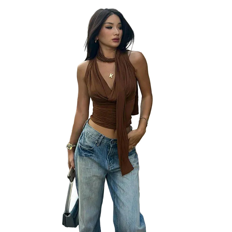Brown Women's V-Neck Knit Tank Top - At Casual Flow Shop