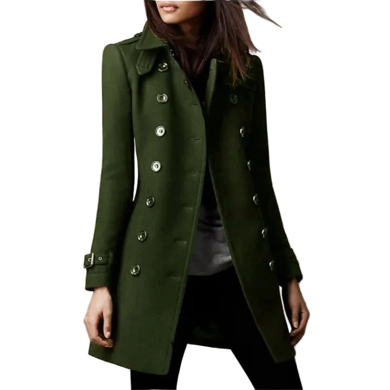 Green coat worn by a person on a beige background