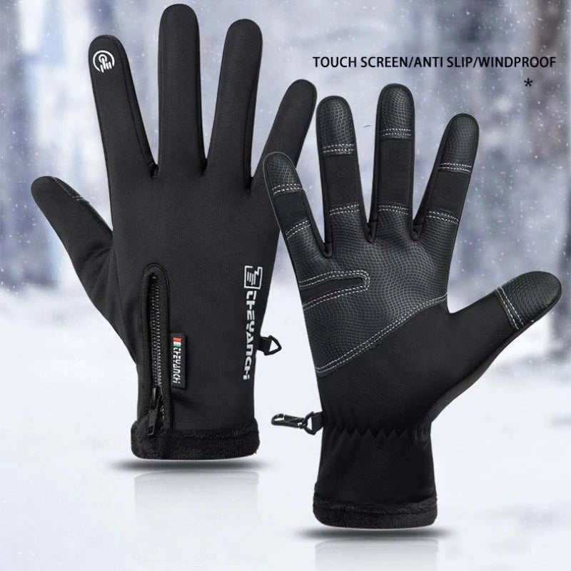 Winter motorcycle gloves with thermal fleece lining and waterproof material for cold-weather riding.